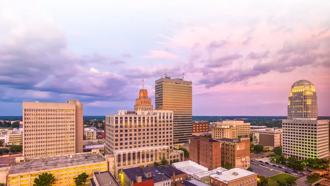 Downtown Winston-Salem, North Carolina at dusk.